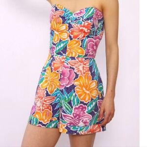Vintage Hawaiian Flower Print Strapless Romper